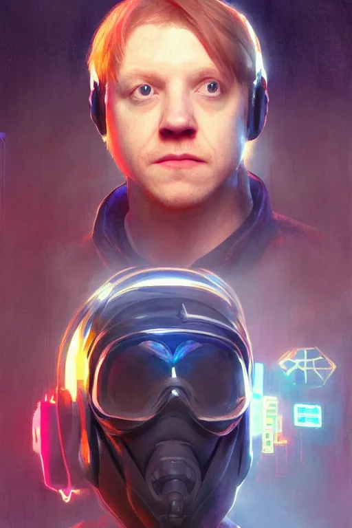 Image similar to portrait of Rupert Grint as Ron Wisly with visor in cyberpunk, neon lighting, night city, digital art from artstation by Ruan Jia and Mandy Jurgens and Artgerm and william-adolphe bouguereau and Greg Rutkowski