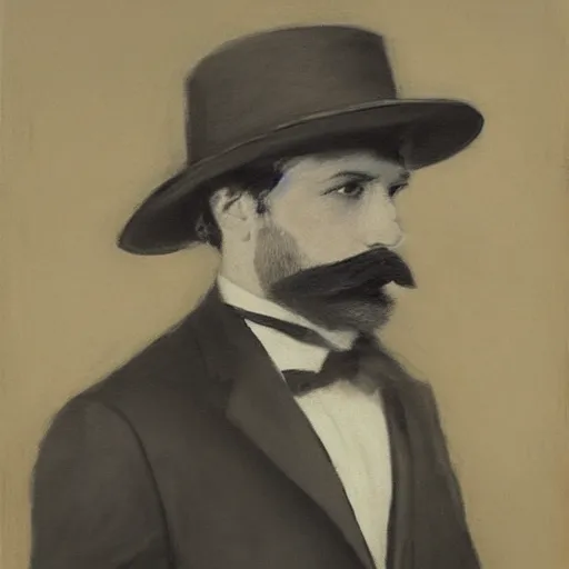 Image similar to portrait of an action hero, suit, bow tie, mustache, by alfred stevens in charcoal