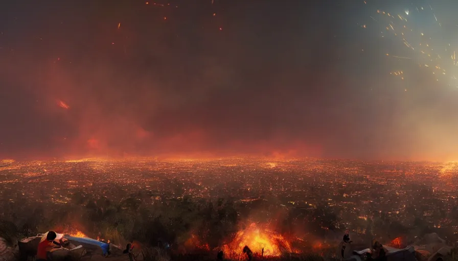 Prompt: people in a hill watching los angeles on fire, hyperdetailed, artstation, cgsociety, 8 k