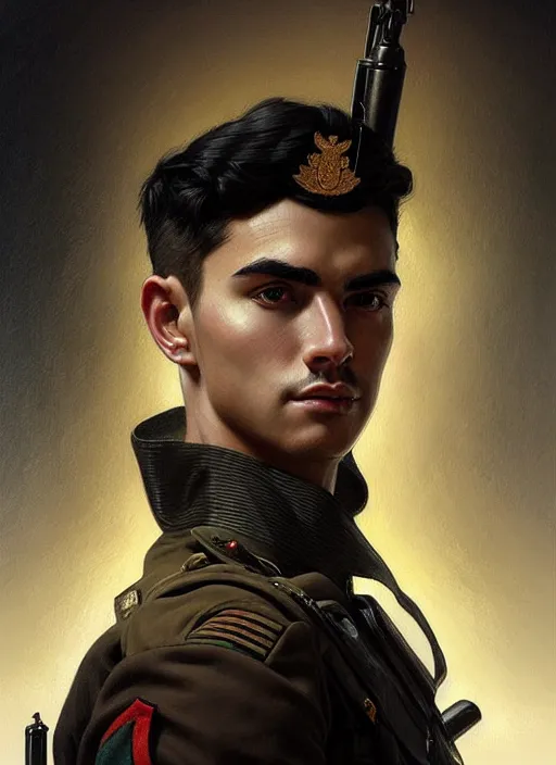 Prompt: portrait of stoic looking young soldier, military uniform, black hair, thick eyebrows, fantasy, intricate, elegant, highly detailed, centered, dark, smokey, digital painting, artstation, concept art, smooth, sharp focus, illustration, art by artgerm and greg rutkowski and alphonse mucha
