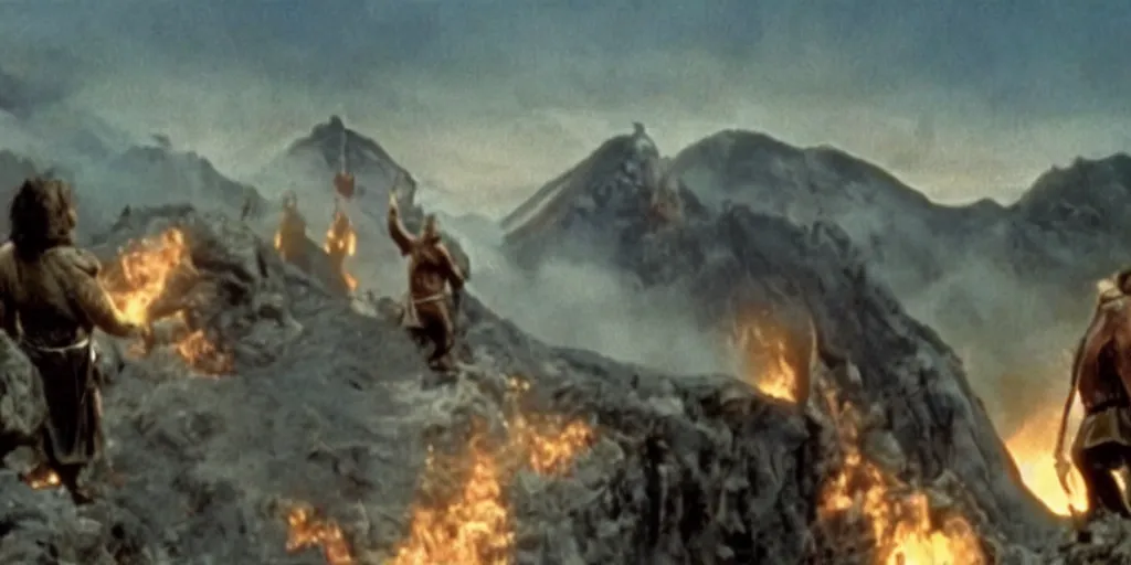 Prompt: film still of the three stooges climbing mount doom in the return of the king, hd 4 k lord of the rings remaster director's cut