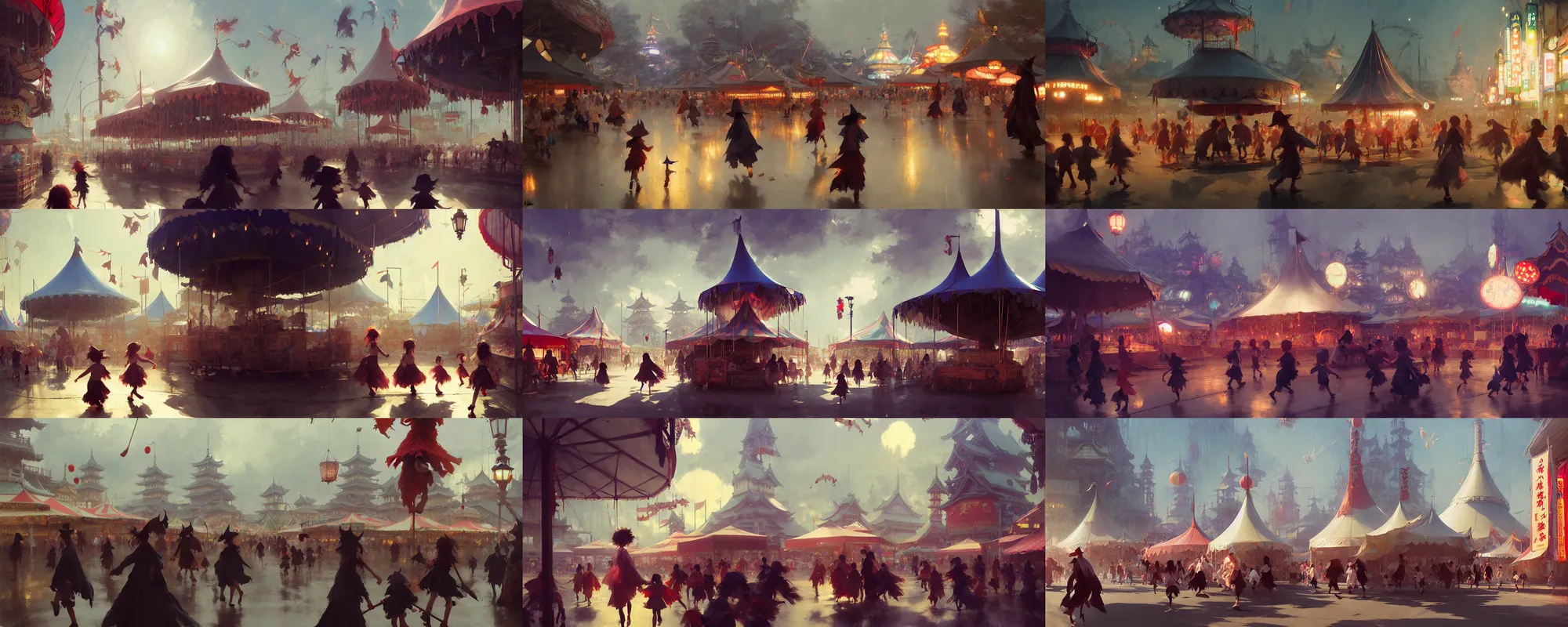 Prompt: young witches running around exploring small town carnival amusement, food stalls, big top circus tent, highly detailed, magical, japan, digital painting, concept art, matte, art by ruan jia and wlop and greg rutkowski and makoto shinkai, masterpiece