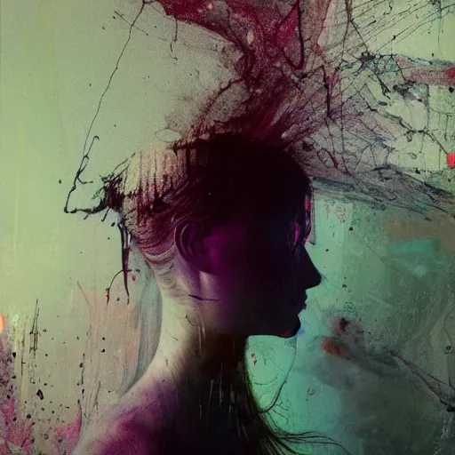 Image similar to glitchart of a young woman lucid dreaming in cyberspace photoreal, atmospheric by jeremy mann francis bacon and agnes cecile, ink drips paint smears digital glitches