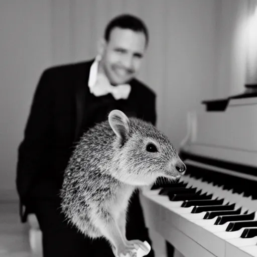 Prompt: a quokka playing on a grand piano, wearing a tuxedo, black and white soft light photograph