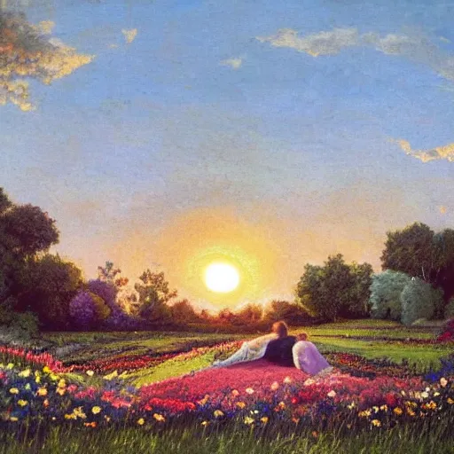 Prompt: two lovers sit in a garden, surrounded by a field of flowers. the sun sets in the distance, casting a warm glow over the scene.