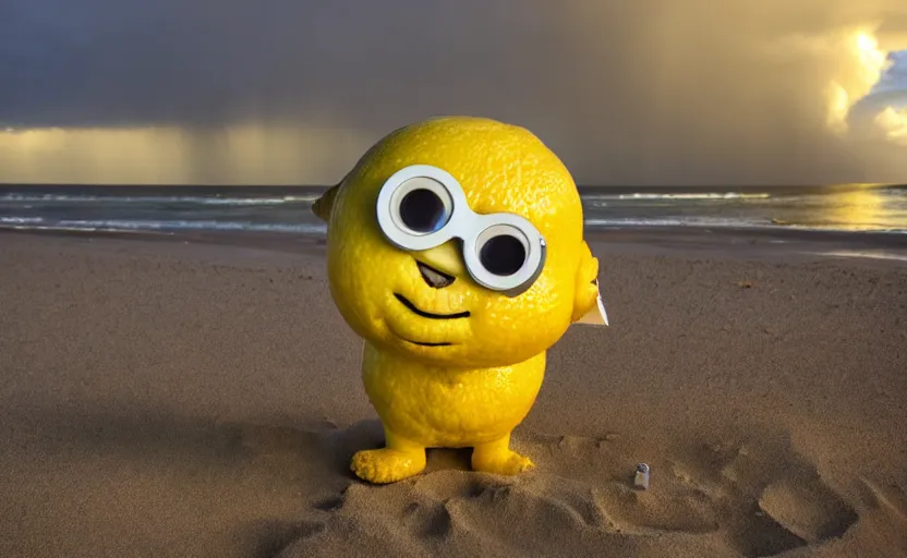 Image similar to a photograph, of a real anthropomorphic lemon cartoon character, it has lemon skin texture, otand a vr goggles, it's building a sandcastle on the beach at sunset, beach, huge waves, bright sun, turbid clouds, rainbow, tropical trees, rim light, sand, sandcastle, volumetric lightening, pentax k 1 0 0 0