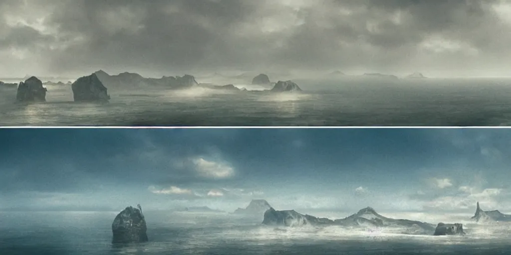 Prompt: screenshot from a movie, fps, epic matte painting of an island, cinematic cinematography masterpiece, roger deakins