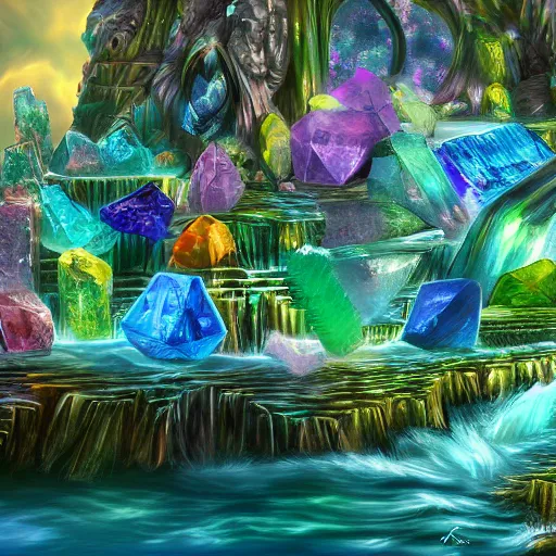 Prompt: A fantasy island filled with crystals, digital art