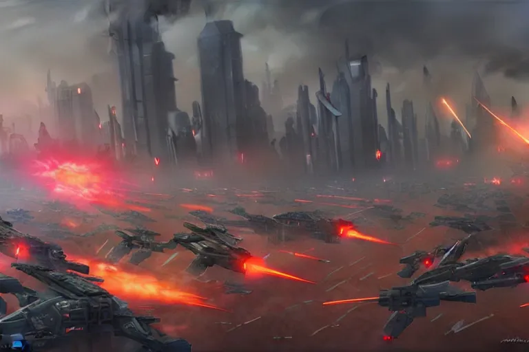 Prompt: grim oil painting of weaponized high technology battlefield in a city, magali villeneuve, trending on artstation
