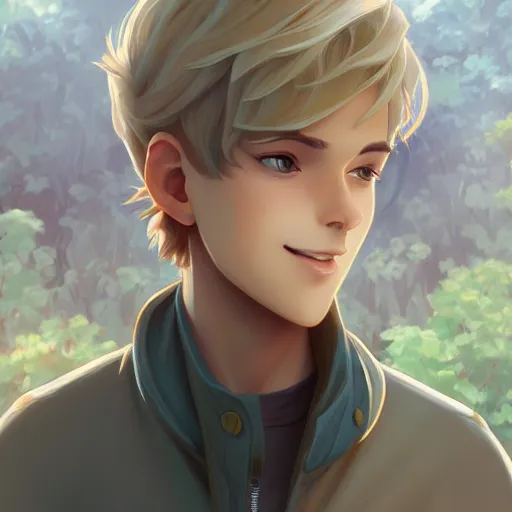 Image similar to young man with short, ash blond greyish hair, light brown eyes, casual clothes, relaxing, happy, path traced, highly detailed, high quality, digital painting, by don bluth and ross tran and studio ghibli and alphonse mucha, sylvain sarrailh, beautiful details