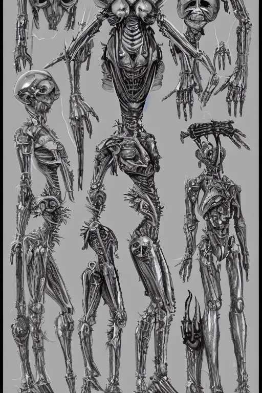 Image similar to quintessa transfomers with gunmetal grey skin, medical anatomy, very symmetrical face, highly detailed, mecha, three - perspective / three - view reference sheet ( front / back / side ), in the style of dan ouellette, hr giger, sil from species, dren from splice, biomechanical, artstation, unreal engine