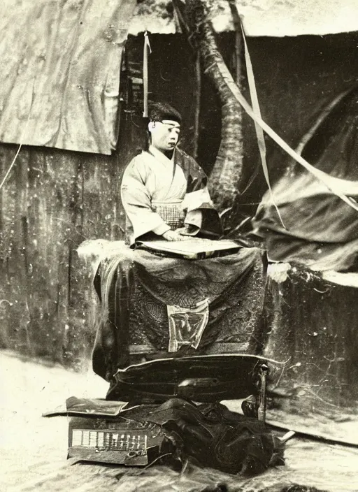 Image similar to old photo of Japanese samurai using a laptop computer