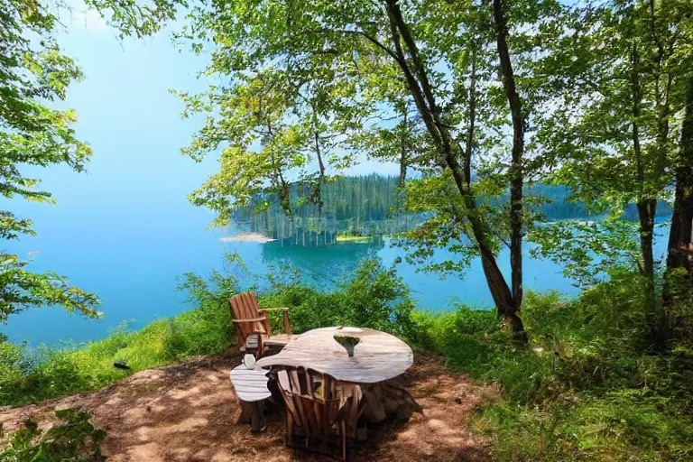 Image similar to cottage in the woods on a cliff beside a lake relax style