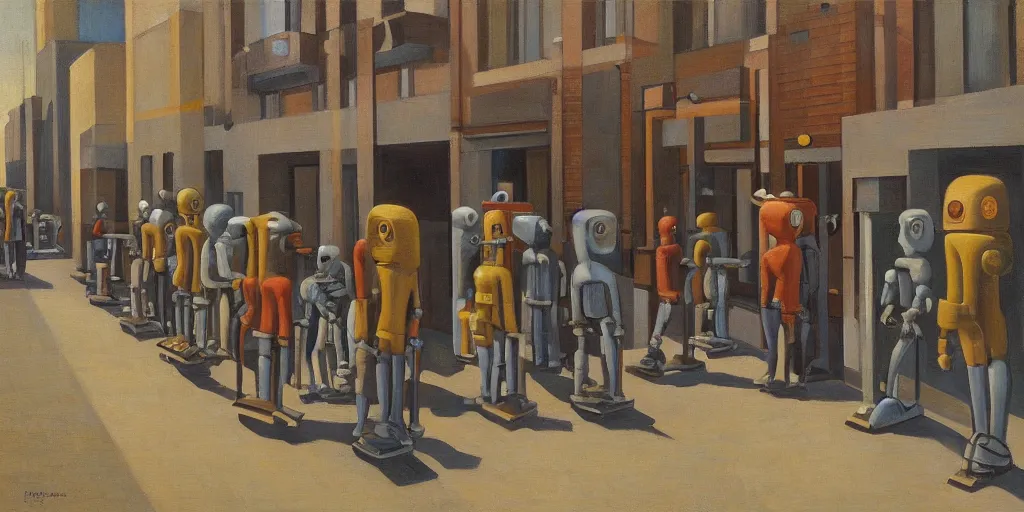 Image similar to robots queuing up in a stark brutalist town, street elevation, grant wood, pj crook, edward hopper, oil on canvas