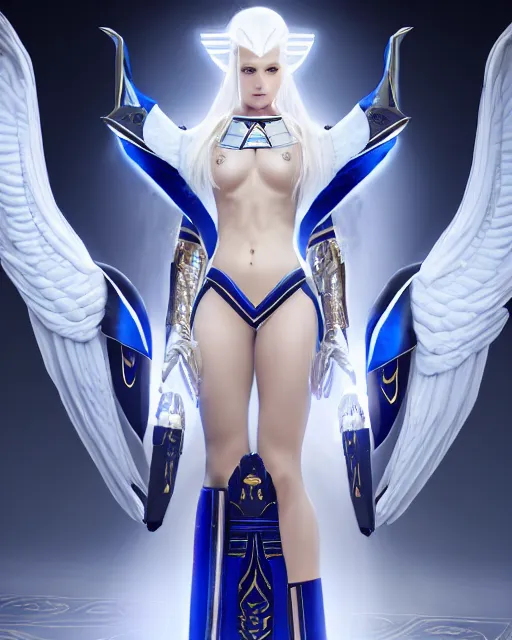 Image similar to perfect white haired attractive egyptian goddess with huge white dove wings, warframe armor, beautiful, symmetric, dreamy, half asian, pretty face, blue eyes, detailed, scifi platform, laboratory, experiment, 4 k, ultra realistic, epic lighting, android body, illuminated, cinematic, masterpiece, art by akihito tsukushi, voidstar