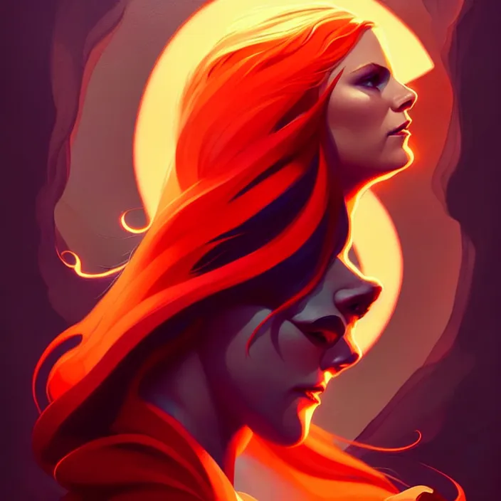 Prompt: style artgerm, joshua middleton, peter mohrbacher, beautiful kristen bell with dark red dress, very long orange hair, symmetrical face, symmetrical eyes, fire powers fire swirling, detailed, volcano setting, cinematic lighting