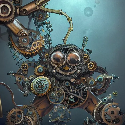 Prompt: steampunk cyborg starfish, overgrown by mechanical parts and shells. hd illustration in natural tones. matte background.