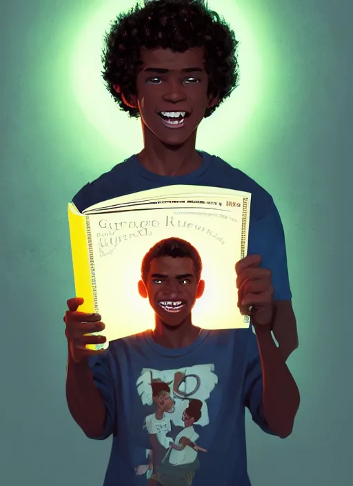 Image similar to portrait of teenage chuck clayton, black teenage boy, very short curly hair, very short hair, square jaw, slight excited smile, reading archie comic book, intricate, elegant, glowing lights, highly detailed, digital painting, artstation, concept art, smooth, sharp focus, illustration, art by wlop, mars ravelo and greg rutkowski