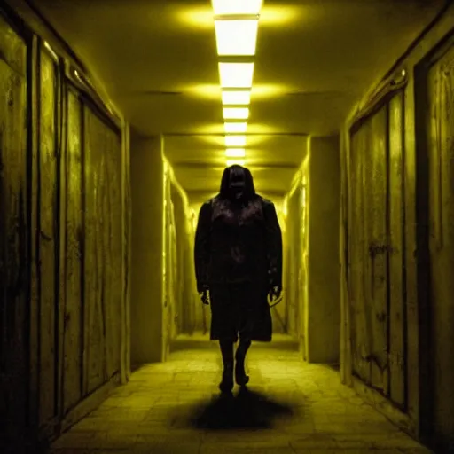 Prompt: A cinematic horror film still of a grotesque monster in a maze of yellow dimly lit hallways.