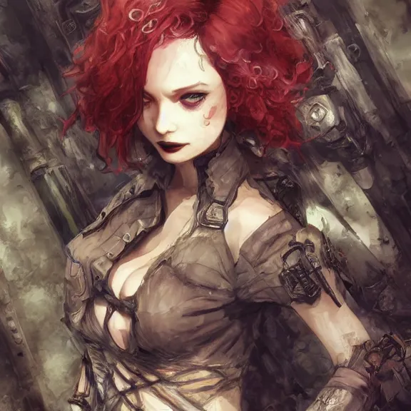 Image similar to christina hendricks!!! goth, tankoban, 4 k, tone mapping, akihiko yoshida, james jean andrei riabovitchev marc simonetti, yoshitaka amano, long hair, curly, h. hydrochaeri