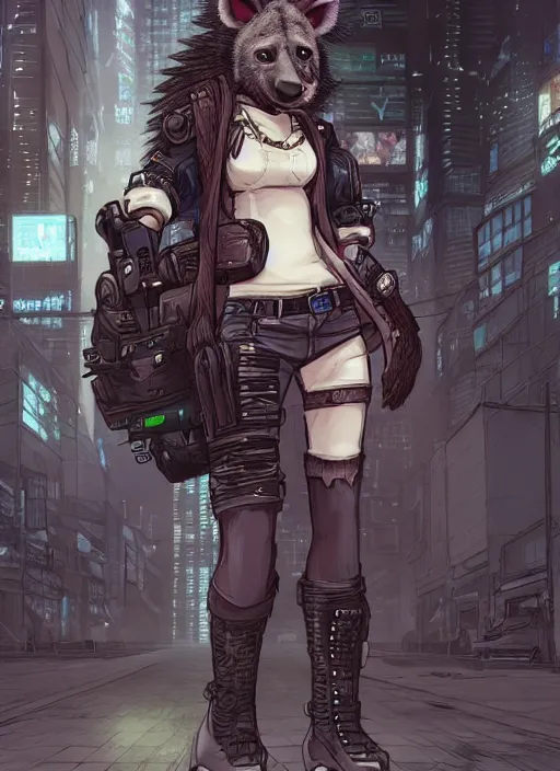 Image similar to character portrait of a female anthro hyena fursona with a cute beautiful attractive furry face and long black curly hair wearing a bulletproof vest in a cyberpunk city at night while it rains. hidari, color page, tankoban, 4K, tone mapping, Akihiko Yoshida.