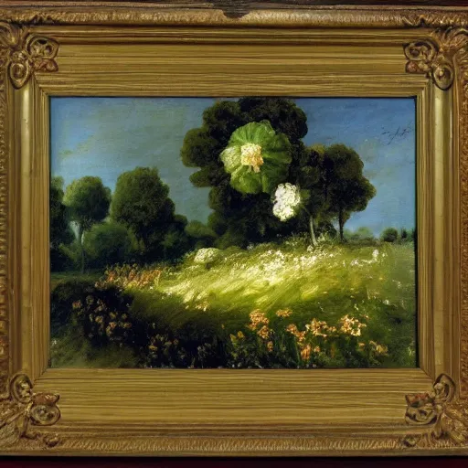 Prompt: oil painting of flowers on meadow, bright romanticism by goya