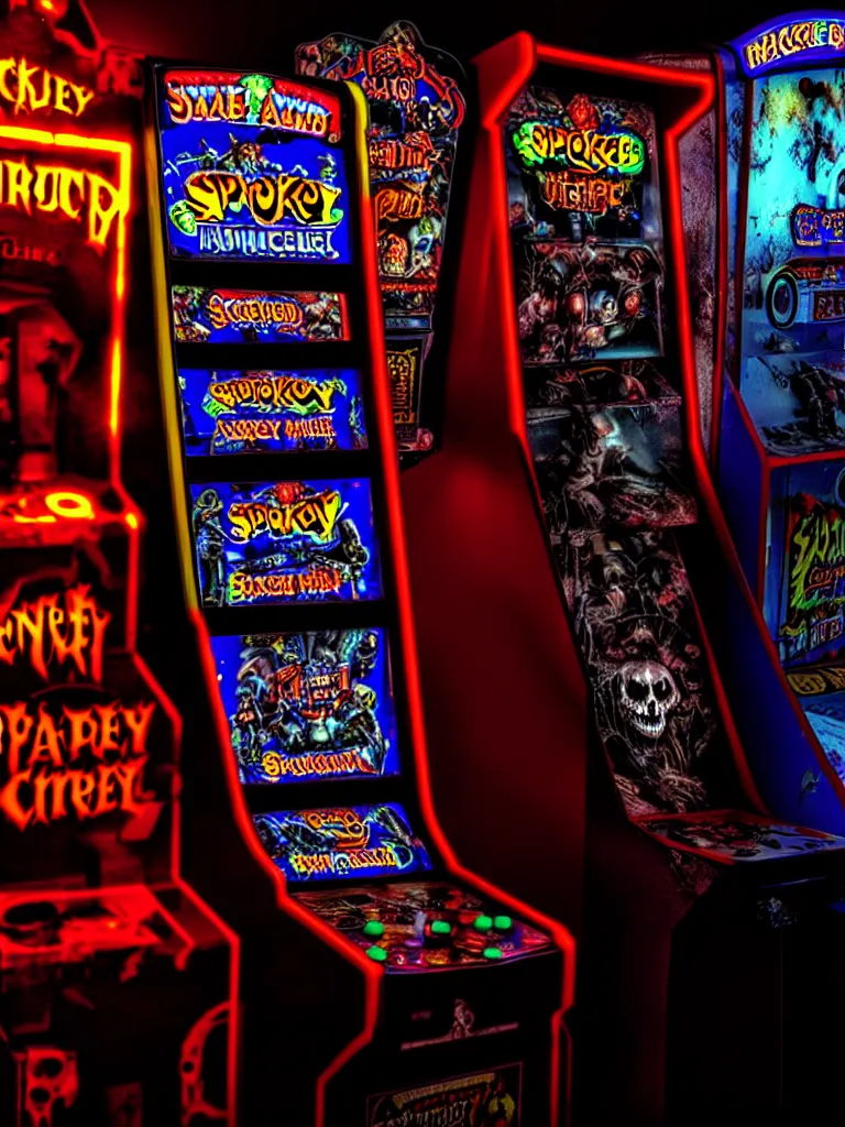 Image similar to haunted arcade machine, spooky, horror, overhead lighting, alluring lights hdr