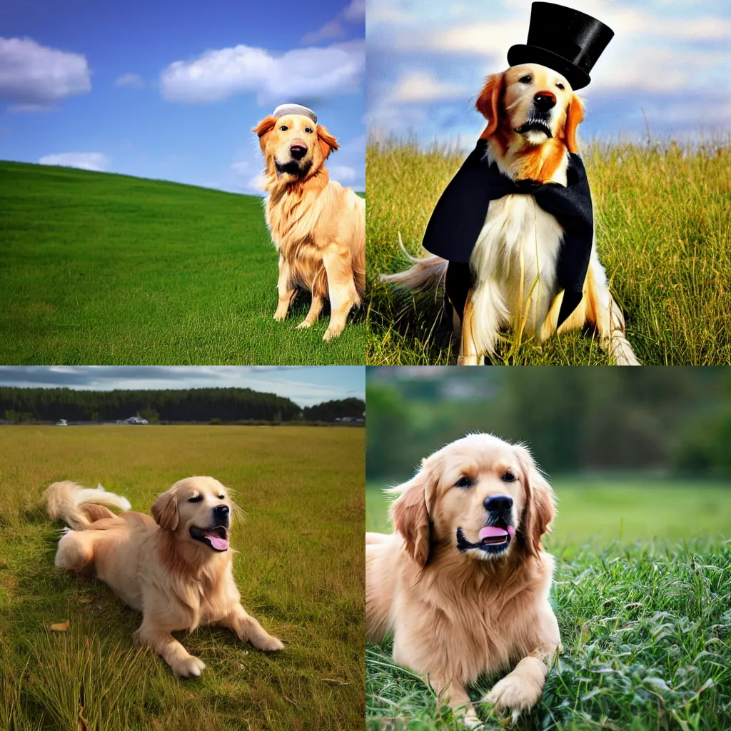 Prompt: A golden retriever wearing a top hat in a grassy field, photograph