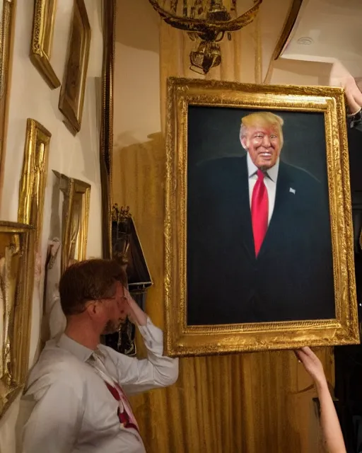 Image similar to a presidential portrait of donald trump in the style caricature artist oil painter sebastian kruger hanging on a wall at mar - a - largo