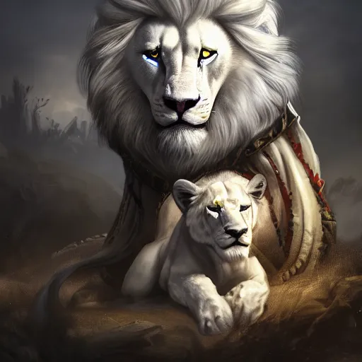 Prompt: an image of Godfrey the first Elden Lord posing with a white lion after the battle, photorealistic, trending on Artstation, digital art