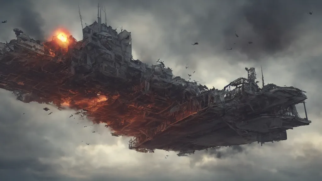 Image similar to an immense steampunk aircraft carrier crashed and burning in a field, thick black smoke billowing, turbulent storm clouds, dystopian, sharp focus, octane render, imax