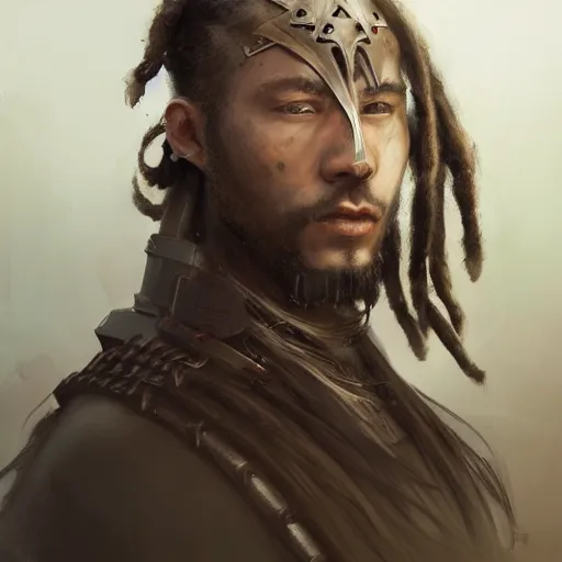 Prompt: Portrait of a man by Greg Rutkowski, a young, strong and hard-eyed warrior with brown hair with dreadlocks, wearing a futuristic tactical gear that looks like a mix between the samurai, viking and templar aesthetics, mix between tribal and hi-tech, highly detailed portrait, scifi, MMORPG, digital painting, artstation, concept art, smooth, sharp foccus ilustration, Artstation HQ