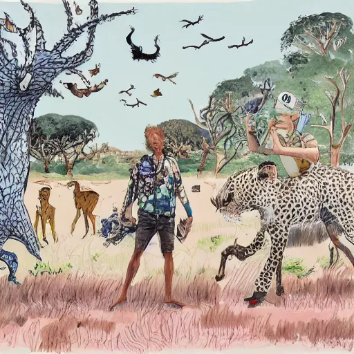 Image similar to quentin blake, james jean illustration of a safari at sunset
