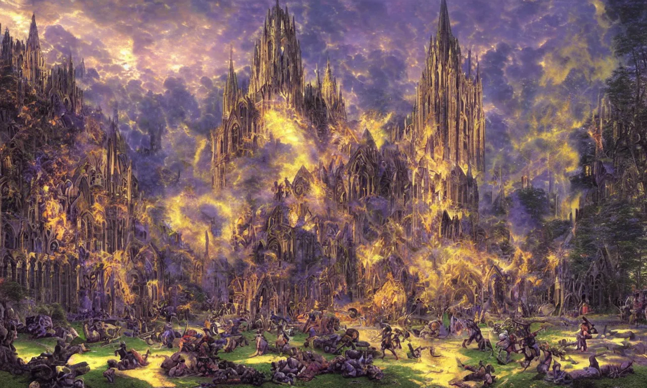 Prompt: epic battle between human warriors mages and demons, cathedrals and abbeys, by thomas kinkade
