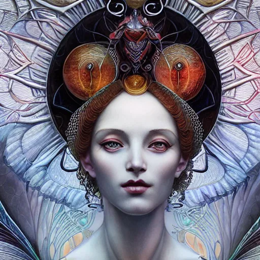 Prompt: beautiful closeup portrait of an art deco faerie queen, glowing eyes. reflective detailed textures, moth wings, highly detailed dark fantasy science fiction painting by tom bagshaw and michael whelan and diego rivera and annie swynnerton and jean delville, elaborate geometric ornament, ancient runes, silver and cool colors. artstation