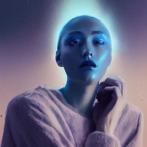 Prompt: 3 d, fashion model face, sci - fi, night, moon rays, cinematic, clouds, vogue cover style, blue mood, realistic painting, intricate oil painting, high detail illustration, figurative art, multiple exposure, poster art, 3 d, by tooth wu and wlop and beeple and greg rutkowski