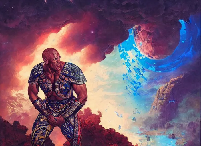 Prompt: the rock as a hawaiian warrior surrounded by intergalactic planets connected by streams of magical flow, sigma male, gigachad, visually stunning, luxurious, by james jean, jakub rebelka, tran nguyen, peter mohrbacher, yoann lossel, wadim kashin