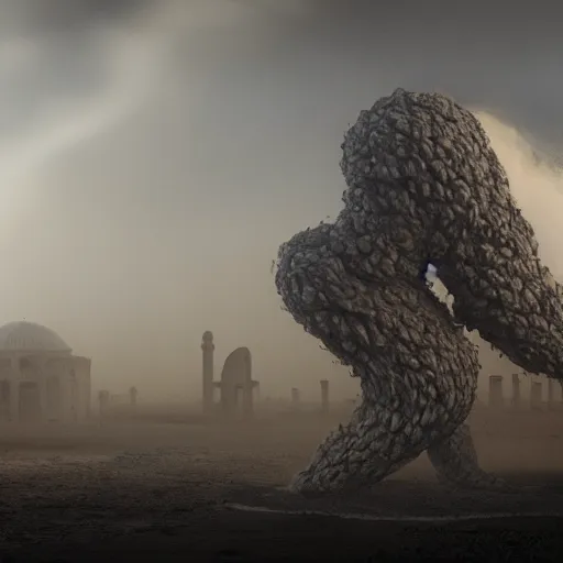 Image similar to Giant smoke monster coming out of the ground, thick swirling smoke, mist, air particles, sandstorm, dramatic lighting, Byzantine ruins, surrounded by priests, worshipers, desert, cinematic, trending on artstation