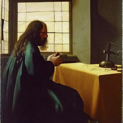 Image similar to An oil painting of Antonie van Leeuwenhoek sat at an escritoire desk with his hand touching a large fossil, there is a window with muntins to his left and a wood closet behind him, in the style of The Astronomer by Vermeer, Dutch Golden Age, Old Masters