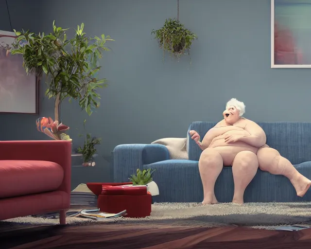 Prompt: of a very beautiful scene. ambient occlusion render. a sweet fat old woman is flying above the sofa. hyper realistic. 4 k. wide angle. wild. symmetrical face, red mouth, blue eyes. deep focus, lovely scene. ambient occlusion render. concept art. unreal engine.