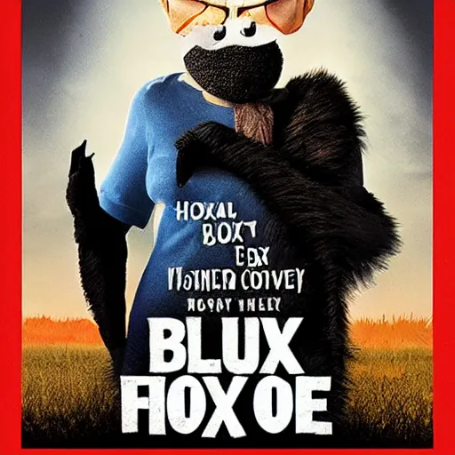 Image similar to blu-ray movie box cover for a horror film featuring an anthropomorphic black foxes dressed in casual clothing