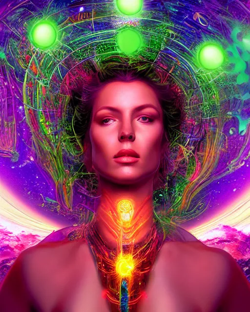 Prompt: a powerful energy psychedelic matrix goddess, by alexander fedosav, hyper detailed digital matte painting, concept art, hyperrealism, 1 6 k resolution, cinema 4 d, 8 k resolution, trending on artstation, behance hd, a masterpiece, by stephan martiniere, particles, cel - shaded, power bright neon energy, by david a. hardy,