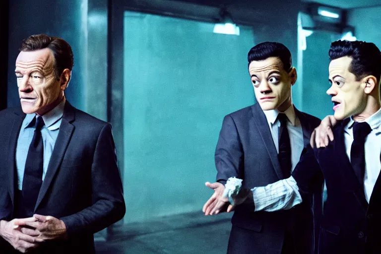 Image similar to film still of bryan cranston and rami malek in cosmic horror! the musical by david cronenberg, budapest street background, 3 5 mm film, atmospheric, ultra fine detail, film grain, photorealistic