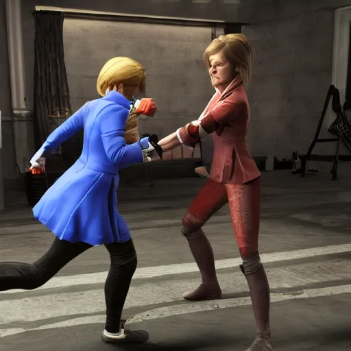 Image similar to Ultra HD Mortal Combat 9 screenshot of first Minister Nicola Sturgeon fighting for Scotland against conservative Mp Liz Truss in battle rendered in unreal engine, trending on art station, masterpiece