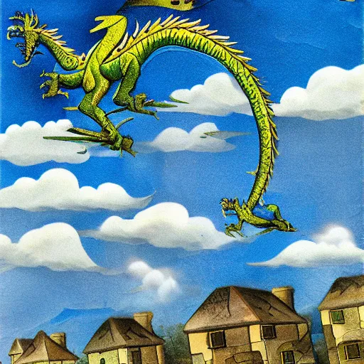 Image similar to dragon flying over village