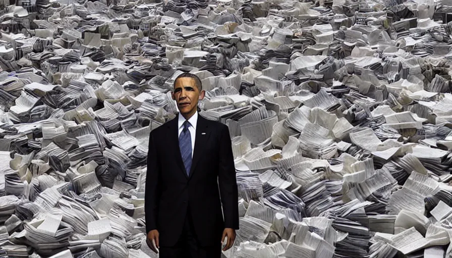 Image similar to cnn news footage taken from above. obama standing next to a mountain made of papers.