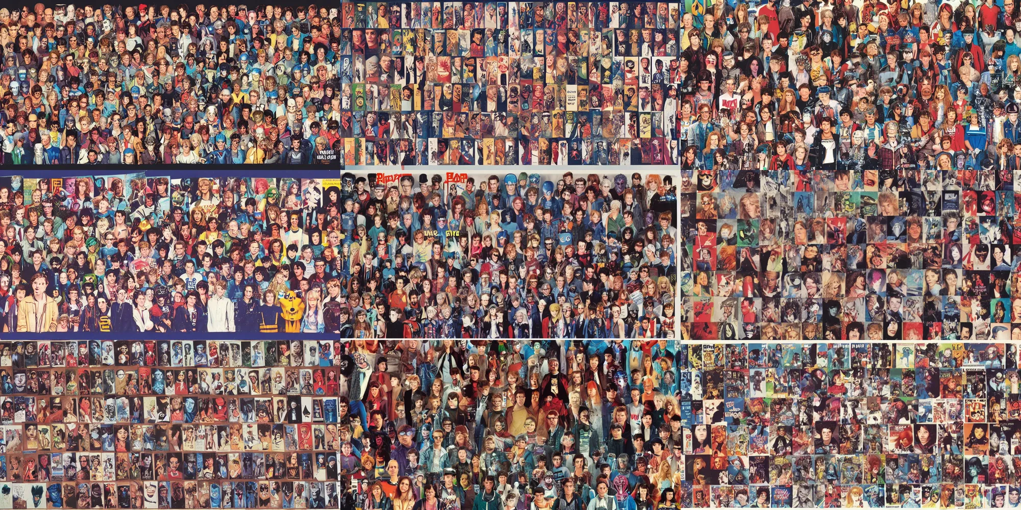 Prompt: all popculture characters in ready player one in one giant group photo, higschool yearbook 1 9 8 4