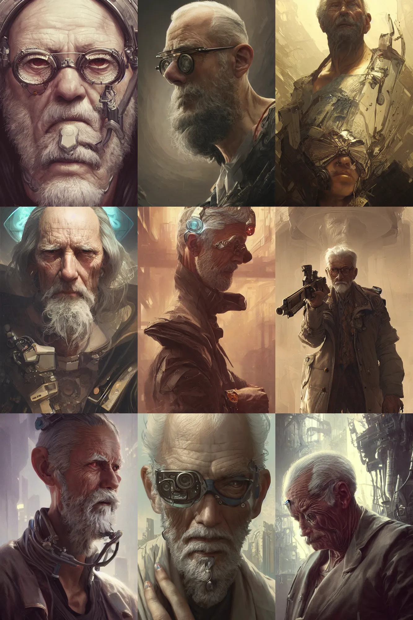 Prompt: Ultra realistic illustration, old man cyberpunk, sci-fi, fantasy, intricate, elegant, highly detailed, digital painting, artstation, concept art, smooth, sharp focus, illustration, art by artgerm and greg rutkowski and alphonse mucha