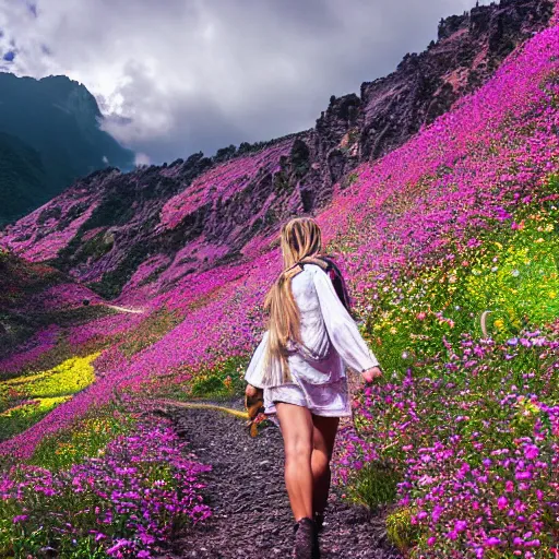 Prompt: girl! walking thru the valley of flowers! near the sea! of dreams by quentin mabille
