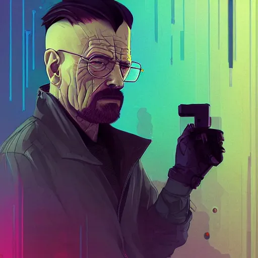 Prompt: high quality, walter white, portrait, cyberpunk colors, neotrad, lois van baarle, moebius